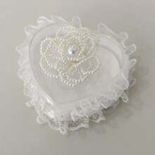1 pieza Caja portátil con forma de corazón para propuesta, con adorno de encaje y flores, almohada para anillo de boda para niña de las flores, Navidad - Blanco-5941 - Ver 15