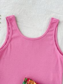 SHEIN 儿童/少女黑色背心和彩色印花短裤两件套，百搭休闲日常穿搭 - 粉色 - 查看 3