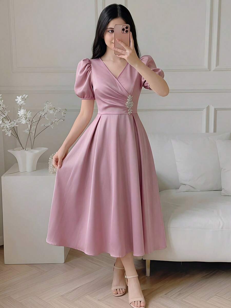 SHEIN 少女缎面花瓣袖收腰喇叭裙摆晚礼服 - 粉色 - 查看 1