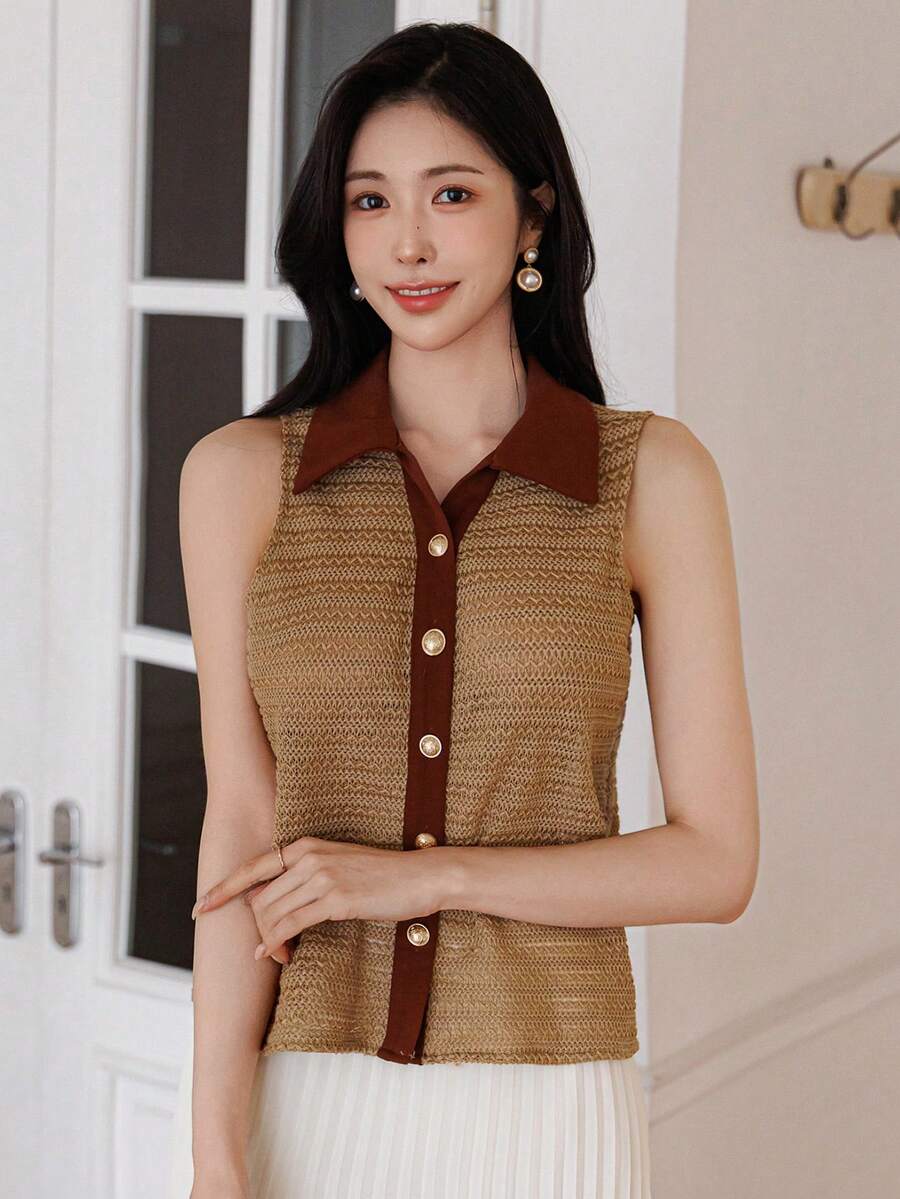 Joudiya Áo vest dệt kim không tay dành cho nữ, thích hợp mặc đi nghỉ mát và công sở, mùa xuân/hè. - Màu Khaki - Xem 1