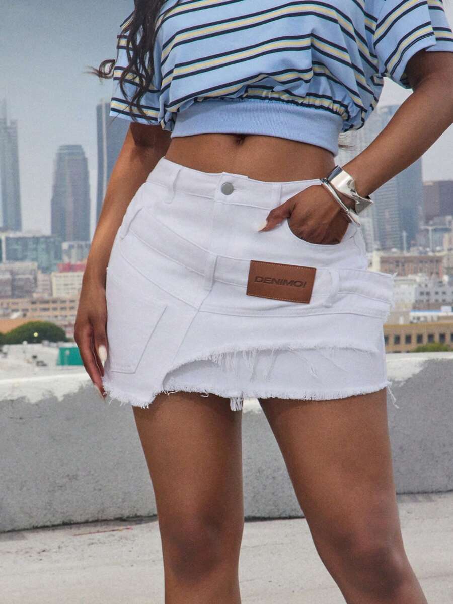 Denimoi 女士夏季时尚拼接细节毛边下摆开衩口袋牛仔迷你裙 - 白色 - 查看 1