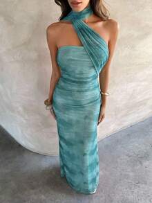 Aloruh Women's Elegant Sexy Mesh Printed Dress - Teal Blue - View 3