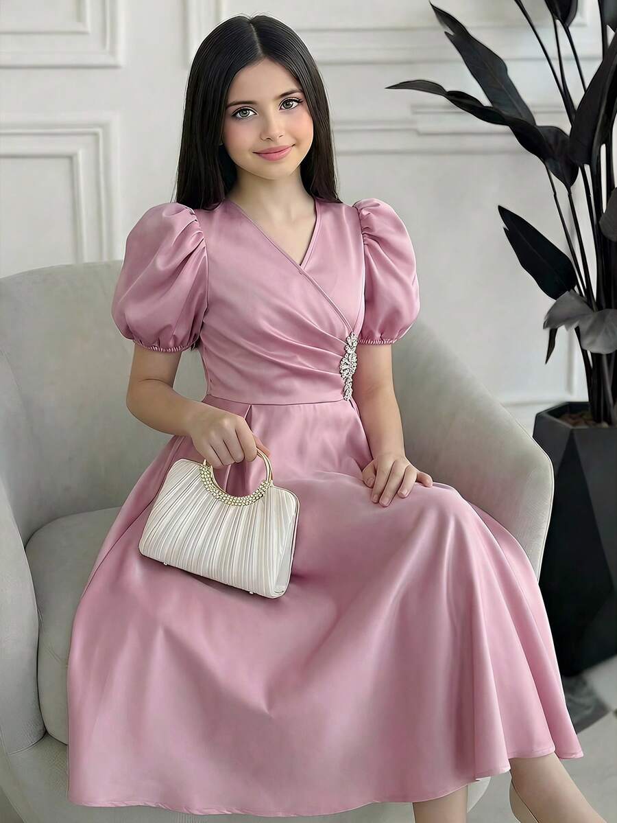 SHEIN 少女缎面花瓣袖收腰喇叭裙摆晚礼服 - 粉色 - 查看 1