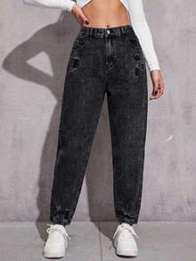 SHEIN ICON 大码女式休闲度假街头破洞无弹力浅灰色牛仔裤 - 深灰色 - 查看 3