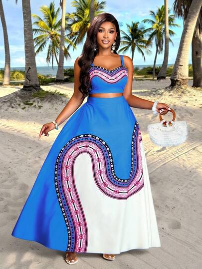 Brilight Đầm nghỉ mát thanh lịch dành cho nữ, bộ đồ gió phối màu xanh và trắng, áo hai dây + chân váy lửng, trang phục du lịch và chụp ảnh, đầm dự tiệc, đi chơi, đồ đi biển, trang phục nghỉ dưỡng tôn dáng.