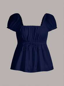 SHEIN CovetEZ 95% Cotton Summer Square Neck Puff Sleeve Tie Front Tee, Navy Blue - Navy Blue - View 6