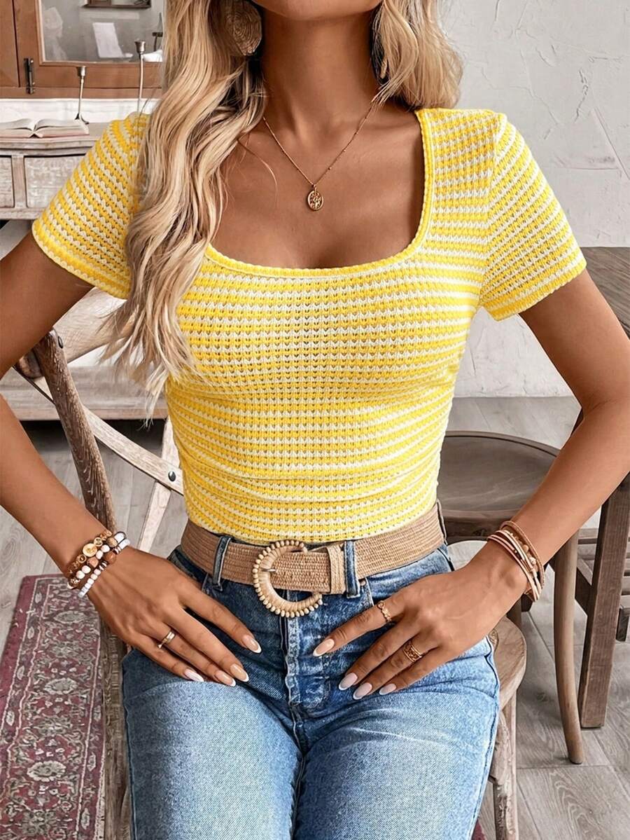 SHEIN Frenchy Tricou simplu, cu dungi, în culori contrastante, plisat, de bază, pentru femei - Galben - Vizualizare 1