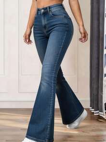 Jeans Acampanado Mujer Pantalón de Mezclilla Stretch Bordado de Leopardo Tiro Alto Skinny - Azul - Ver 2
