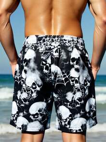 Manfinity Swimmode 男士时尚休闲骷髅印花沙滩短裤 - 黑色 - 查看 2