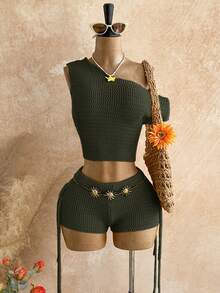 SHEIN WYWH Bộ đồ 2 mảnh dành cho nữ đi nghỉ mát biển, màu trơn, cổ lệch và quần short. - xanh quân đội - Xem 4