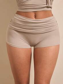 Silquee Women's Nude Ruched Waist Mid Rise Shorts Tummy Control Slimming Bodycon Bottom Matching Set With Crop Top Stretchy Soft Fabric For Date Night Club Party Festival Vacation Summer Beach Y2K Aesthetic Co Ord Set Chic Outfit - Light Grey - View 1