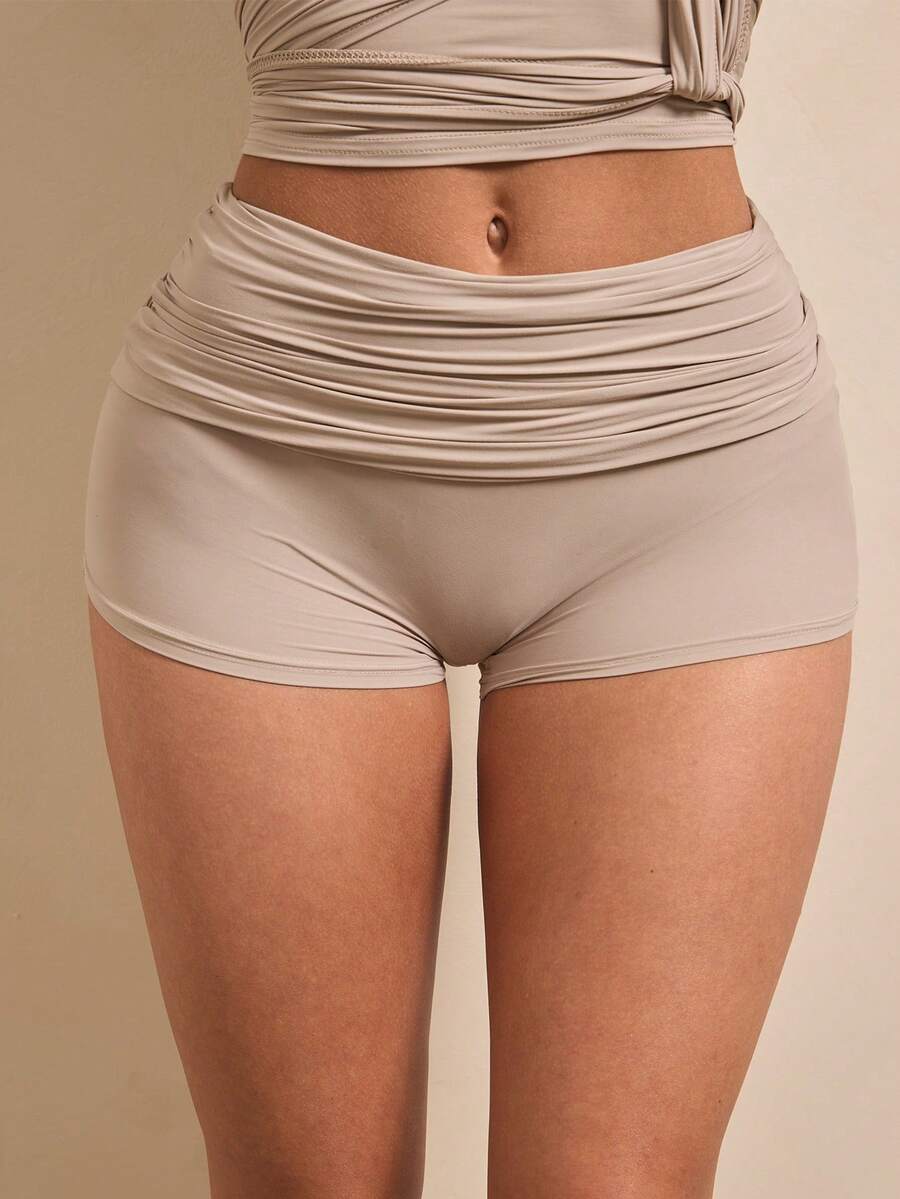 Silquee Women's Nude Ruched Waist Mid Rise Shorts Tummy Control Slimming Bodycon Bottom Matching Set With Crop Top Stretchy Soft Fabric For Date Night Club Party Festival Vacation Summer Beach Y2K Aesthetic Co Ord Set Chic Outfit - Light Grey - View 1