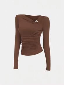 Sweetra Vintage American Design Asymmetrical Asymmetric Shoulder T-Shirt, Slim Fit Stylish Women Tee For Autumn - Brown - View 1