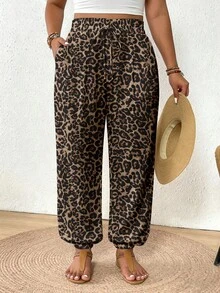 SHEIN Frenchy 大码女式豹纹休闲百搭日常裤 - 彩色 - 查看 6