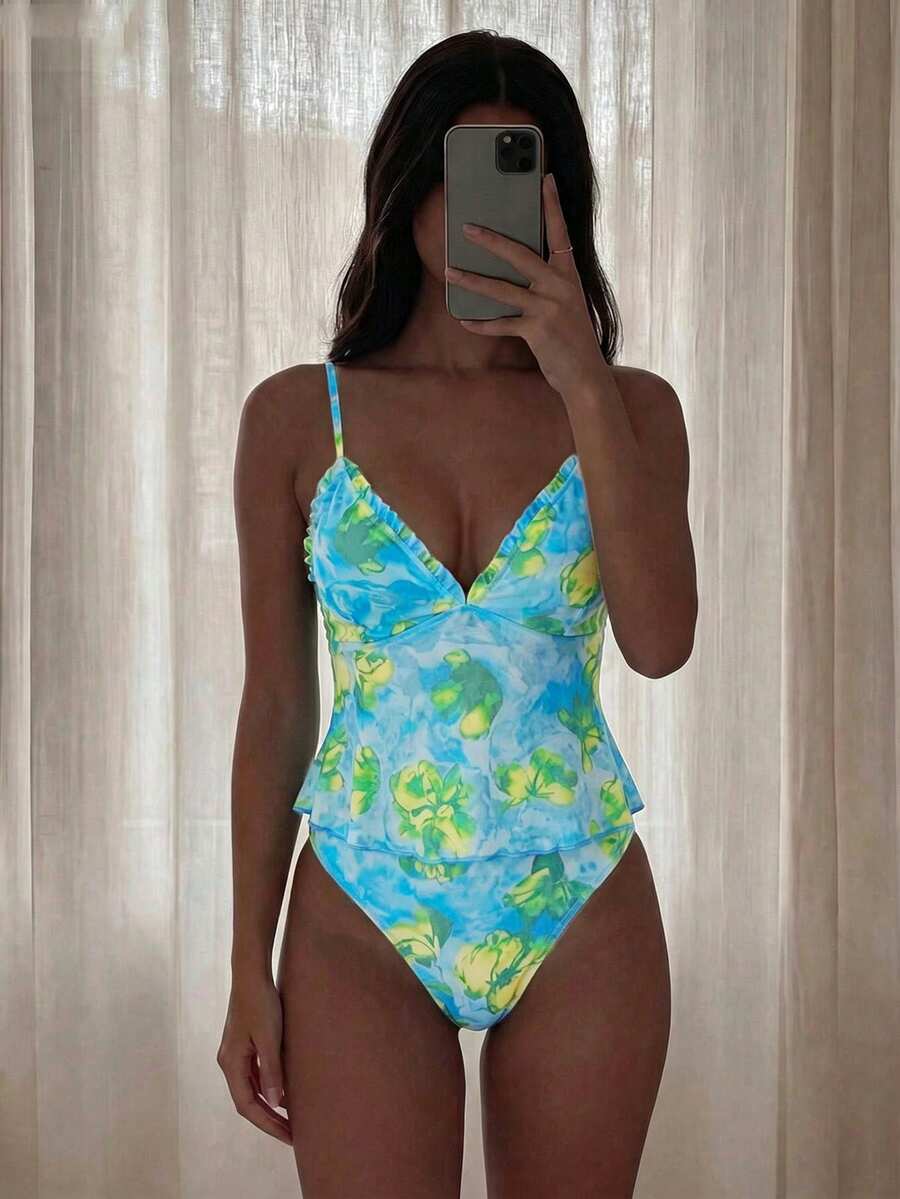 Swim Vcay 女士碎花甜美荷叶边吊带背心和比基尼套装,沙滩度假 - 藍色 - 查看 1