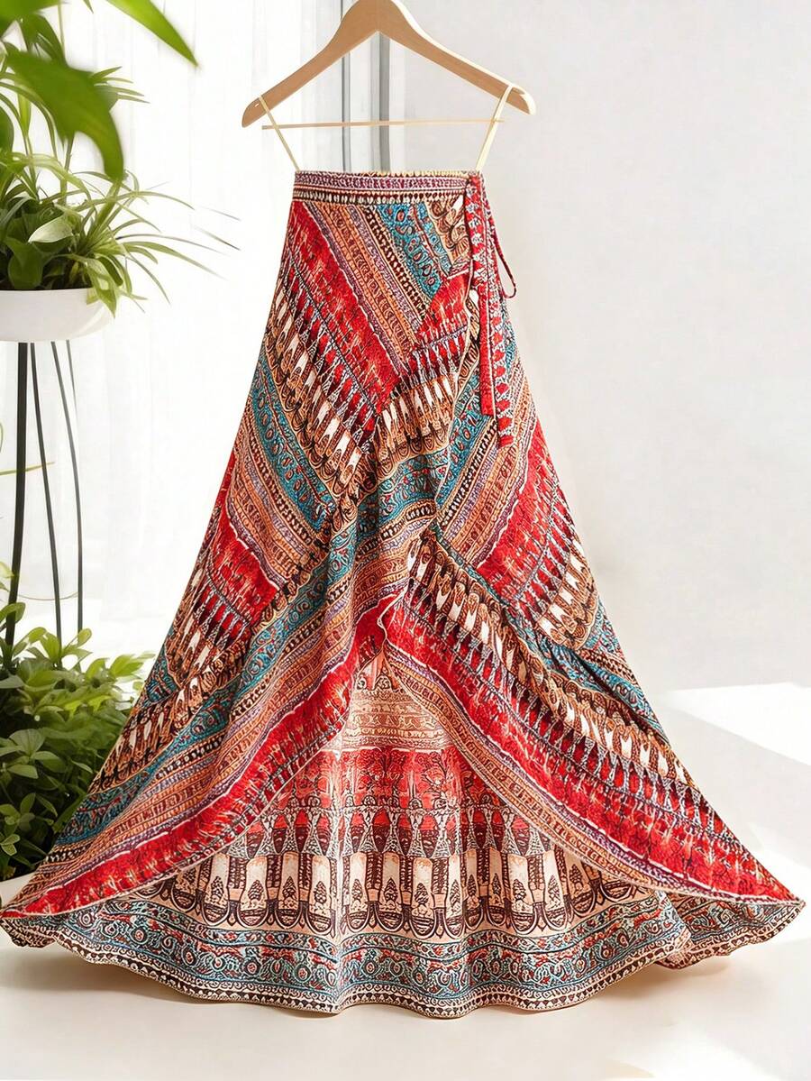 GlowEve CURVE Plus Size Women's Floral Print Ruffle Tie-Waist A-Line Skirt, Vacation Gym Brown Summer - Multicolor - View 1