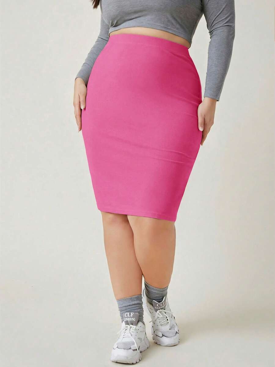 SHEIN BASICS 大码女式纯色休闲百搭通勤半身裙 - 玫紅色 - 查看 1