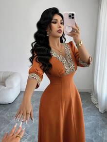 Elenzga New Fashionable Women's Apricot V-Neck Puff Sleeve Embroidered Pearl Decor Fitted Midi Dress, Suitable For Daily Wear, Wedding, Formal Dinner, Commute, Graduation Party, Holidays, Vacation, Date, Party, Halloween, Christmas, New Year, Thanksgiving, Wedding - Brown - View 5