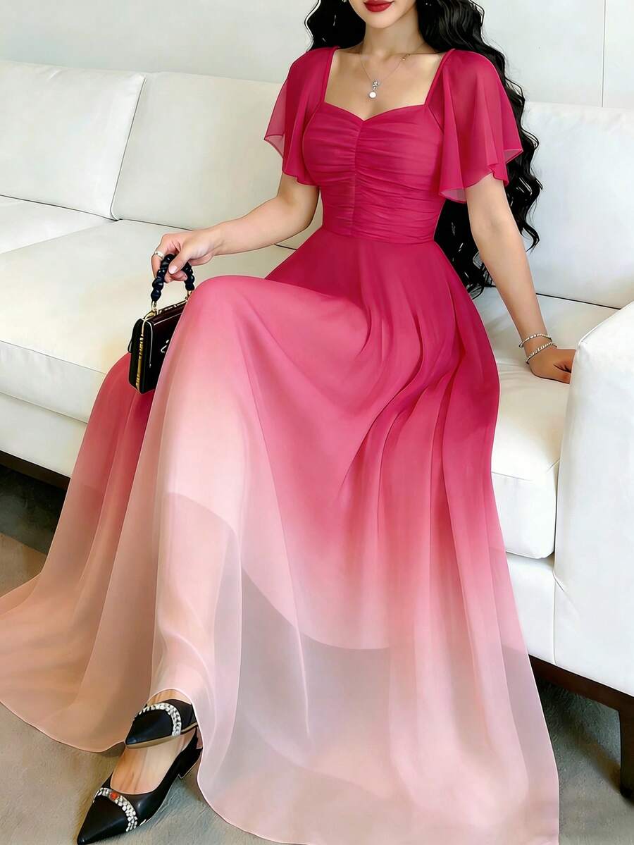 Modelyn 紫红色渐变印花连衣裙，时尚方领短袖设计，收腰长款优雅连衣裙，适合夏季度假和日常穿着。 - 彩色 - 查看 1