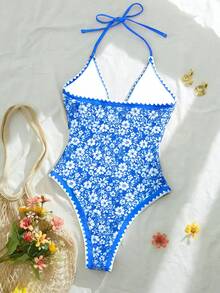 Florisole 女士夏季沙滩度假露背印花连体泳衣 - 藍白色 - 查看 2