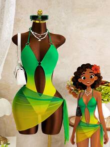 Zestiva 女士性感露背吊带渐变数码印花连体泳衣，配渐变网纱裙摆，春夏秋季海滩度假泳装套装 - 綠色 - 查看 1