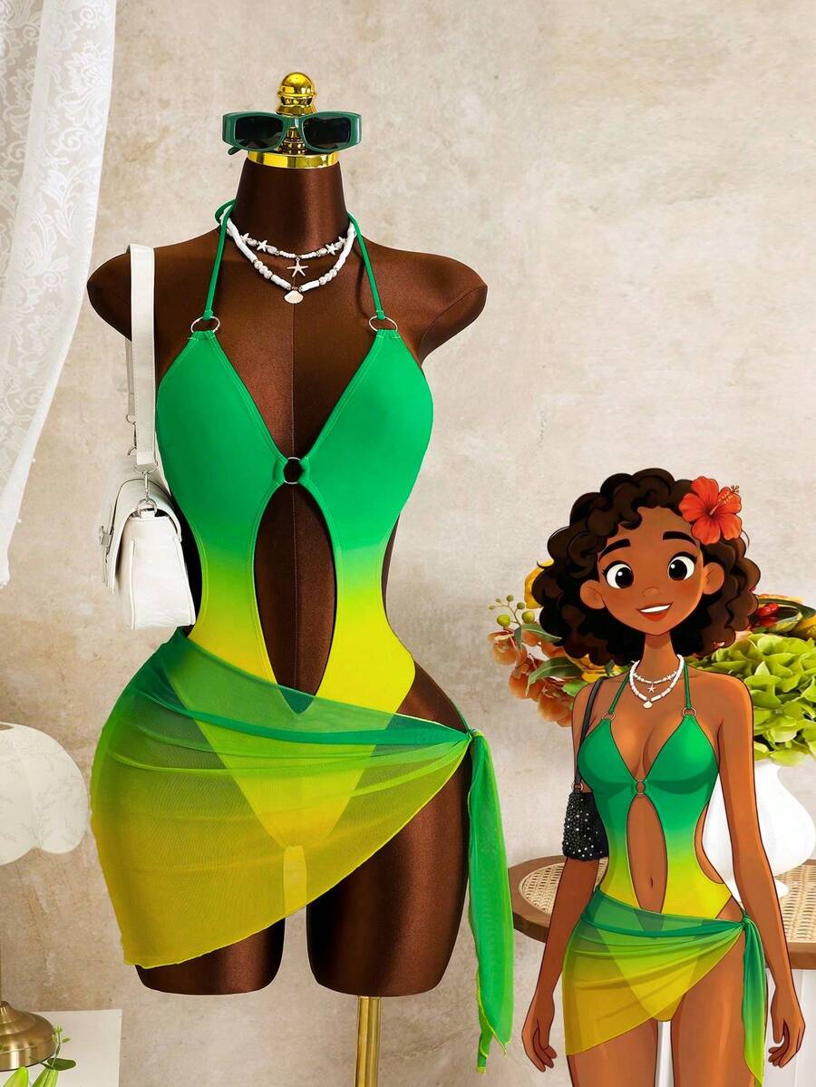Zestiva 女士性感露背吊带渐变数码印花连体泳衣，配渐变网纱裙摆，春夏秋季海滩度假泳装套装 - 綠色 - 查看 1
