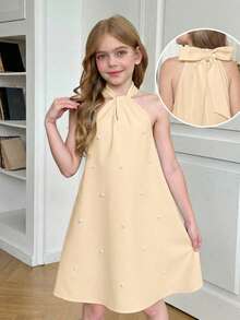SHEIN Young Girls Halter A-Line Dress With Beaded Big Bow, Cute Princess Dress For Party, Banquet, Photo Shoot, Outing, Fashionable & Versatile - Beige - View 2