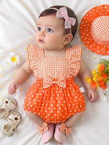 SHEIN Bộ áo liền quần dễ thương cho bé gái, họa tiết kẻ caro, chấm bi và nơ, viền bèo nhún. - Nhiều màu - Xem 8