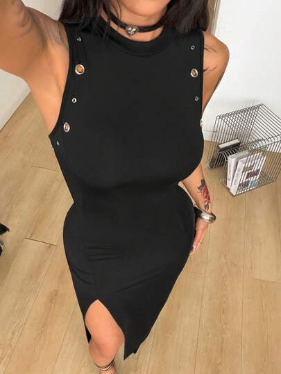 Coolane Đầm dài không tay cổ tròn ôm sát màu đen dành cho nữ, kiểu dáng đường phố, gợi cảm, dự tiệc, phong cách punk.