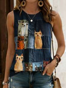 SHEIN LUNE 女士猫咪印花无袖圆领背心 - 彩色 - 查看 1
