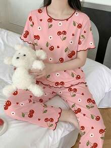 Genkimix Kids Bộ đồ ngủ 2 món cho bé gái tuổi teen, áo thun màu hồng in hình quả anh đào ngọt ngào với viền bèo tương phản và quần ống rộng in hình quả anh đào, đồ mặc nhà thoải mái. - Hồng - Xem 1