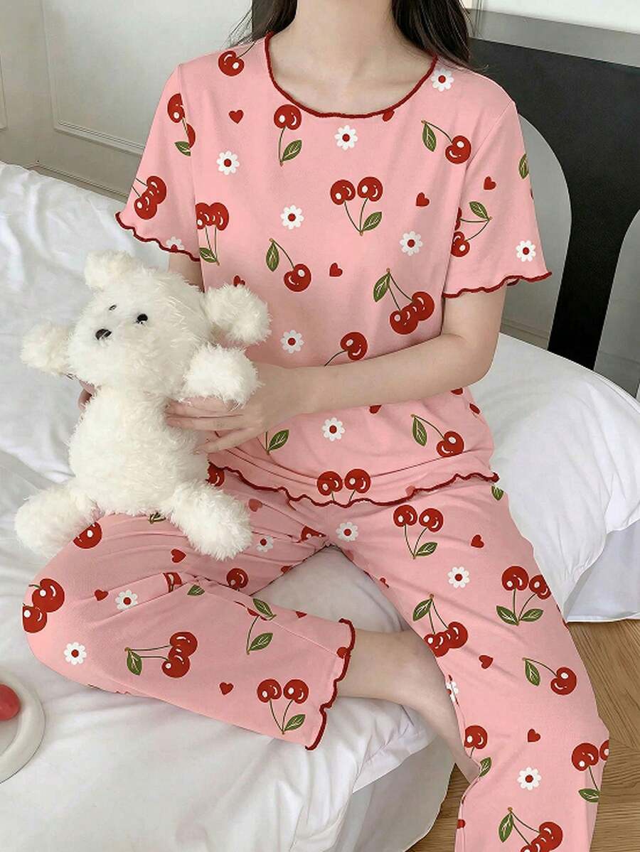 Genkimix Kids Bộ đồ ngủ 2 món cho bé gái tuổi teen, áo thun màu hồng in hình quả anh đào ngọt ngào với viền bèo tương phản và quần ống rộng in hình quả anh đào, đồ mặc nhà thoải mái. - Hồng - Xem 1