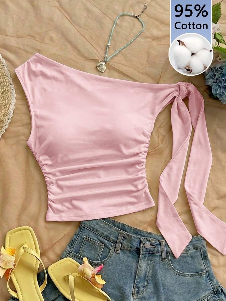 Soleia Blus Liburan Wanita Leher Asimetris 95% Katun, Atasan Musim Panas - Baby Pink - View 1