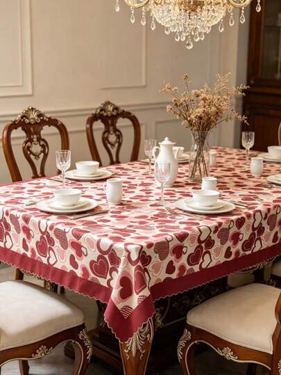 1PC Valentine's Day Tablecloth - Decorated With Red And Pink Heart Patterns, Made Of Durable And Easy-To-Clean Polyester, Ideal For Romantic Dinners, Anniversary, Valentine's Day And Holiday Parties Decoration.