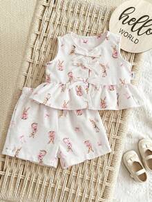 Neugeborenes Baby Mädchen Urlaubs Lässig süßes rosa & weißes gestreiftes Schleife Dekor Trägertop & Shorts Set - Verschiedenfarbig - Übersicht 9