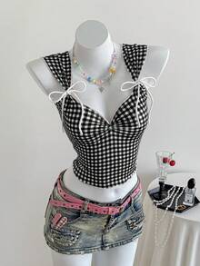 SHEIN EZwear 女士格子褶皱休闲百搭日常上衣 - 黑與白 - 查看 3