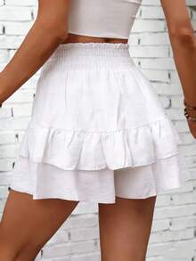 SHEIN Holidaya Black Shirred Waist Ruffled Hem 2 In 1 Vacation Skort For Women - White - View 2