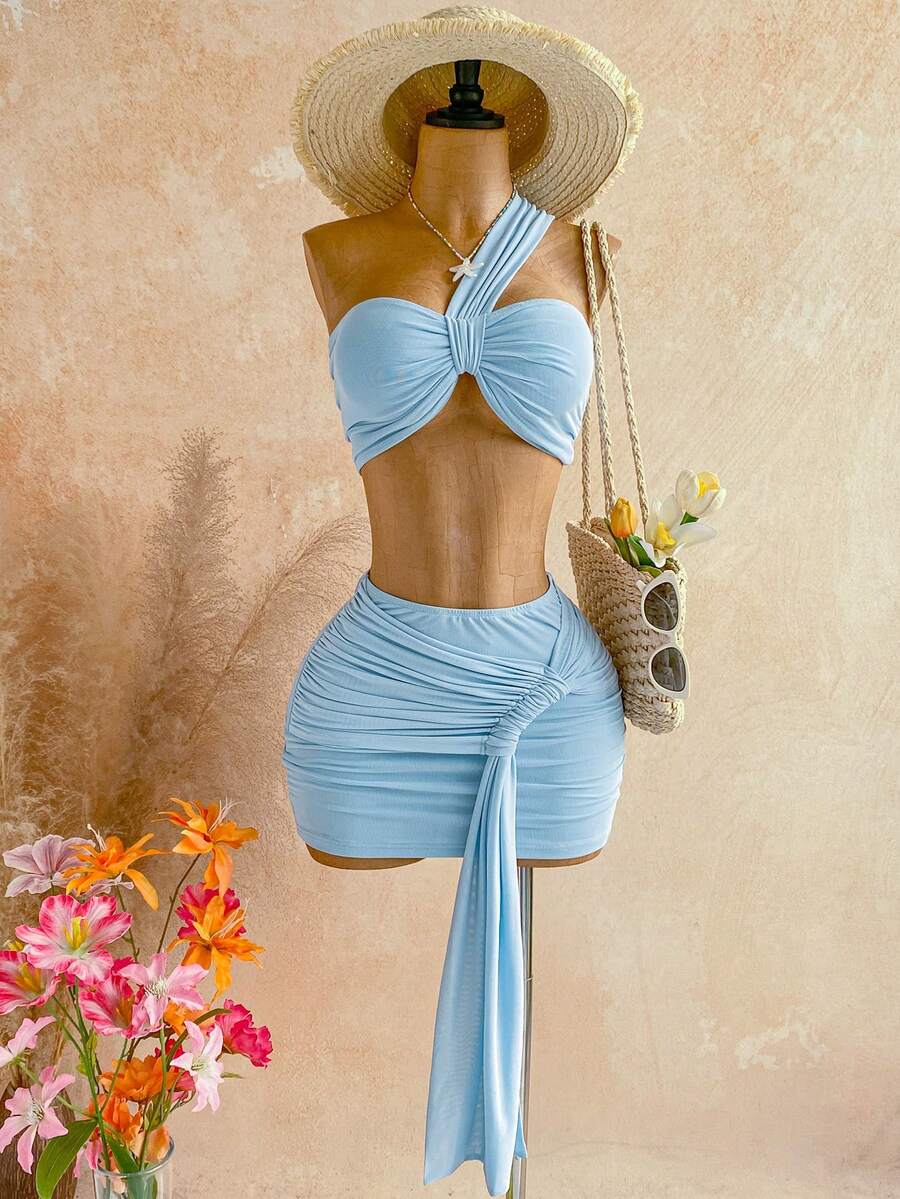 Soleia Women's Solid Color Pleated Top And Mini Skirt Casual 2 Pieces Set,Vacation Outfits Women - Baby Blue - View 1