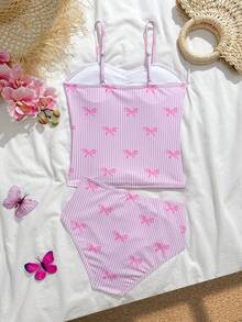 SHEIN 少女比基尼套装，蝴蝶结印花条纹露脐上衣，正面褶皱设计，高腰泳裤，两件套泳装，适合游泳、海滩、泳池、派对、度假等场合。 - 粉色 - 查看 3