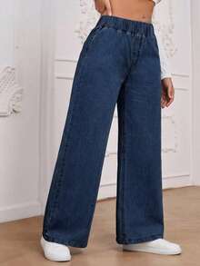 EMERY ROSE Plus Size Women's Casual Versatile Elastic Waist Baggy Jeans - Dark Wash - View 4