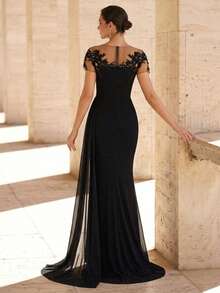 Aureia Robe élégante et luxueuse avec volants en dentelle pailletée brodée, appliques en dentelle, tricot élastique. Manches transparentes et jupe sirène. Convient pour le mariage, la fête, les vacances, la mariée, la mère de la mariée, la robe de soirée. - Noir - Voir 3