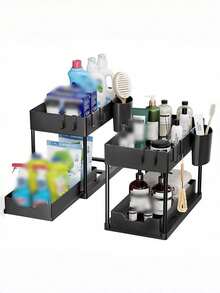 1 Set, Under Sink Organizer, 2-Tier Sliding Cabinet Basket Organizer Drawers, Under Sink Organizers And Storage, Bathroom Kitchen Cabinet Organizer With Hooks Cup, The Bottom Drawers Can Be Slid Out, Kitchen Accessories,Storage,Kitchen Organiser,Kitchen Items,Room Decor,Home Decor. - Black - View 4