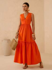 Vesra Sleeveless V-Neck Orange Layered Pleated Patchwork Dress, Elegant Vacation Style, Flattering For Summer - Orange - View 7