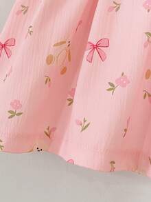 Souflis Souflis Baby Girls' Summer Cute Classic Striped Knitted Dress, White Peter Pan Collar Contrast Color, Front Pleated Design, Delicate 3D Bow Decor, Suitable For Casual, Holiday, Outdoor Wear - Pink - View 9