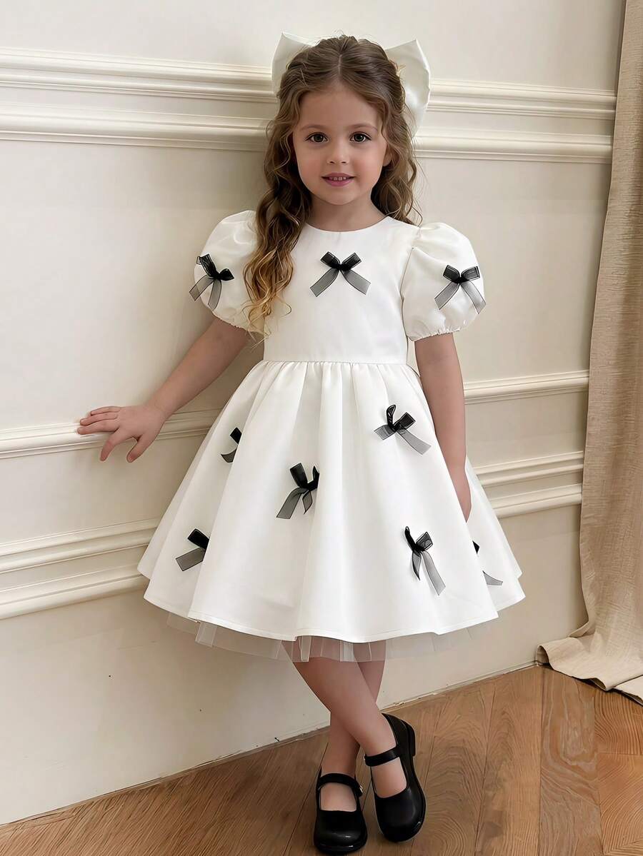 SHEIN Đầm dệt kim màu trơn cổ tròn tay phồng kiểu dáng thường ngày cho bé gái - Nhiều màu - Xem 1