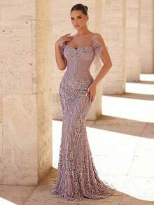 Glamrae Elegant Luxurious Pearl Diamond Off-Shoulder Ruffle Mesh Ruched Beaded Sequin Floral Embroidered Fishtail Dress For Weddings,Galas&Formal Occasions - Pink - View 7
