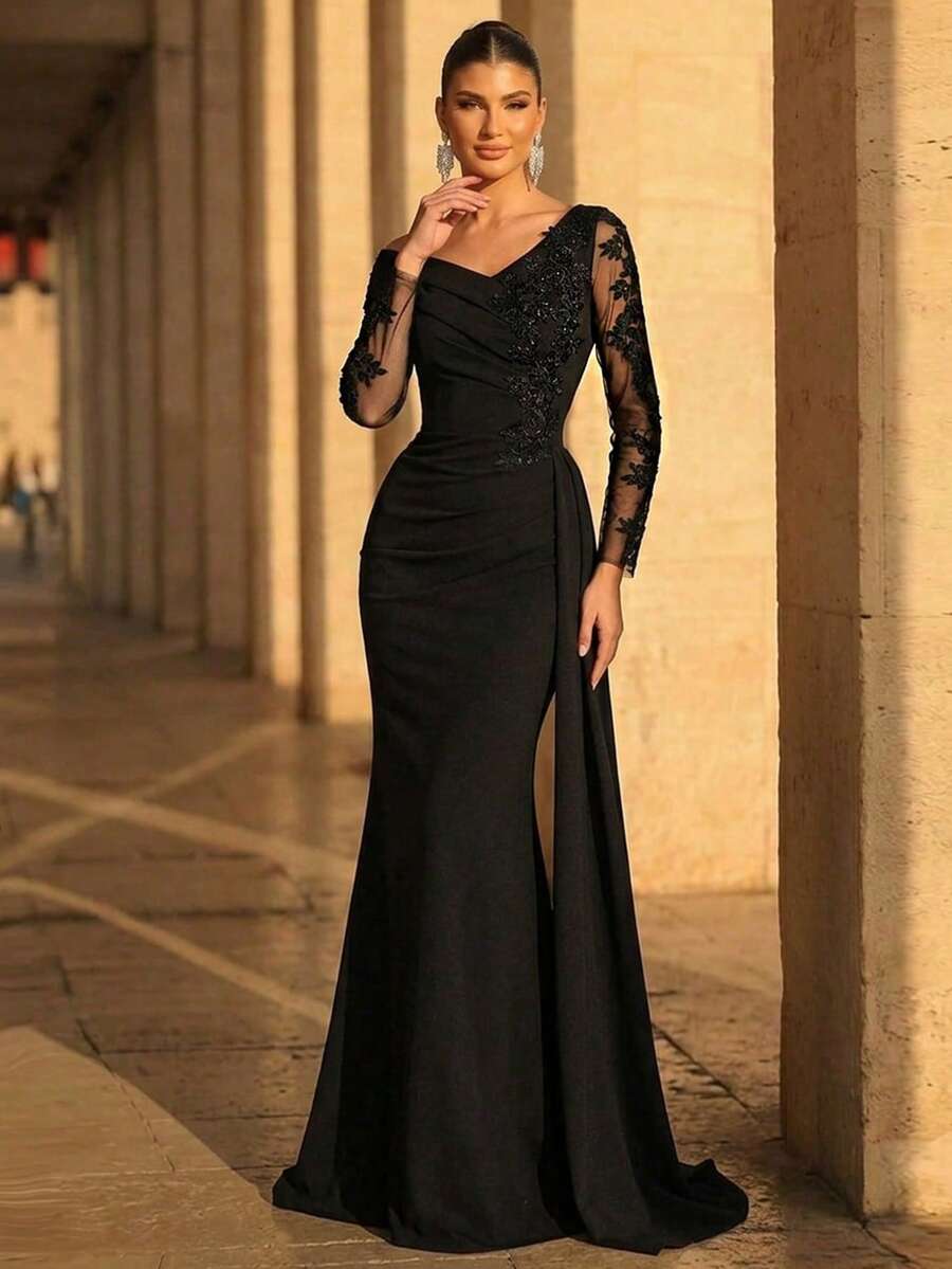 Elegant Luxurious Pearl, Rhinestone Embroidered Lace Patchwork Elastic Ruched Mermaid Skirt With Side Slit Sheer Sleeves, Suitable For Wedding, Party, Holiday, Bridal, Mother Of The Bride Evening Gown - Black - View 1
