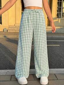 SHEIN Nova Glow 青少年女孩度假休閒格紋印花寬腿褲，適合母親節、畢業季、春夏季日常、出遊、度假、假日穿著，時尚女孩休閒新風格，適用返校與輕鬆氛圍 - 綠色 - 查看 3
