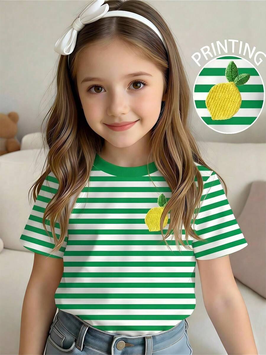 SHEIN Playful Pals 1 buah Kaos Anak Perempuan Balita Lengan Pendek Leher Bulat Motif Digital, Musim Semi/Panas - MultiWarna - View 1