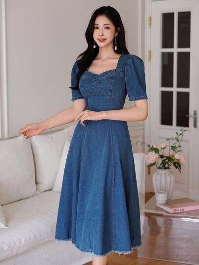 DAZY Vestido Denim Vintage Desgastado Elegante e Casual para Mulheres, Primavera e Verão
